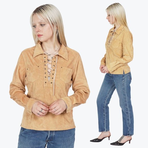 VINTAGE Y2K Lace Up V-Neck Beige Suede Top - Picture 2 of 3